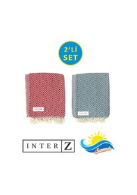 Resim 2'li Set Peştemal Plaj Havlusu , %100 Pamuk , Xxl 100x180cm, Marmaris, Kırmızı-ege Mavisi 