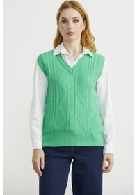 Resim V Yaka Motifli Triko Süveter - Yeşil Yeşil 