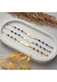 Resim Queen Silver Jewelry 925 Ayar Gümüş Lacivert Göz Boncuklu Çocuk Künye İsim Yazılı Altın 