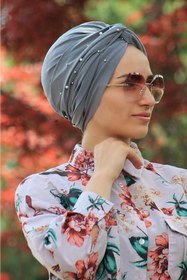 Resim Sahra Şal Dünyası Incili Dolama Bone Gri ( Hazır Model ) 