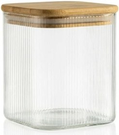 Resim Bambu Kapaklı 200 ml Kare Cam Kavanoz - Çizgili Şeffaf Tasarım, Sızdırmaz Silikon Contalı Saklama Kabı 