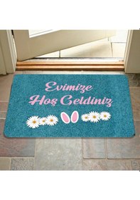 Resim Dijital Baskılı Kapı Önü Paspas Hoşgeldiniz Yazılı Çiçek Desen Ve Tavşan Iç Ve Dış Kapı Yıkanabilir Beyaz 