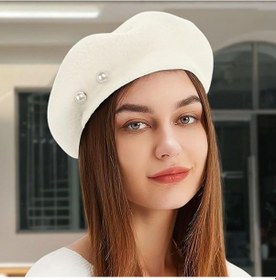 Resim Kadın İnci Detaylı Ressam Şapka Yumuşak Dokulu Fransız Bere Şık Kışlık Şapka Beyaz 