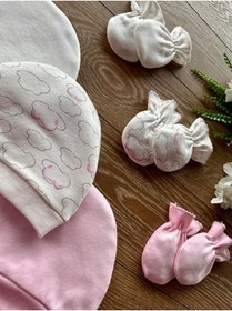 Resim Renkli Puset Organik 6'lı Yenidoğan Bebek Eldiven Şapka Takımı Bulut 
