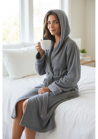 Resim % 100 Pamuklu Laodikeia Kapşonlu Unisex Kadın Erkek Bornoz Gri 