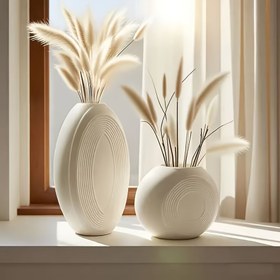 Resim 2 Adet Bohem Modern Uzun & Kısa Vazo Seti - Mat Beyez ve Bej Dokulu Silindirik Dalgalık Kenarlı Çiçeklikler, Dayanlıkl Plastikt Şık İç Mimari Ev Aksesuarı, 12 cm Yüksekliğinde, 12 ile 25 Cm Genişlignde. Minimalist Estetiği 1 Parça Balkon Teras Baharatlığınız şöyle: 