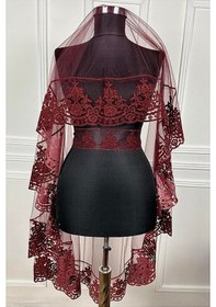 Resim Kinagecesimalzeme Bordo Flok Baskı Simli Gelin Duvak Kuşak Eldiven Set Kına Gecesi (526965372) 