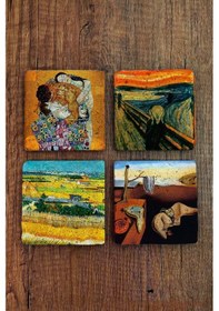 Resim Doğal Taş Bardak Altlığı 4'lü Set 10x10x1 Cm Dali, Van Gogh, Klimt Eserleri-stone Coasters Çok Renkli 