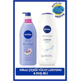 Resim Creme Soft Duş Jeli 500ml Ve Kiraz Çiçeği Nemlendirici Vücut Bakım Losyonu 400ml, Banyo Lifi Hediye 