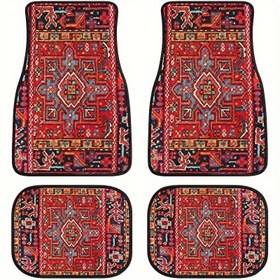 Resim 4 Adet Etnik Tarz Retro Desenli Araba Paspasları, Şık ve Basit, Dayanıklı, Kaymaz, Temizlemesi Kolay Evrensel Zemin Matları 