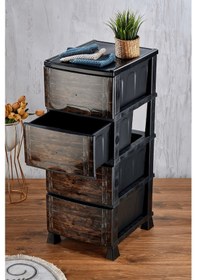 Resim 4 Katlı Çekmeceli Baskılı Ahşap Desenli Kapaklı Plastik Komidin - Sebzelik - Çekmece Siyah 