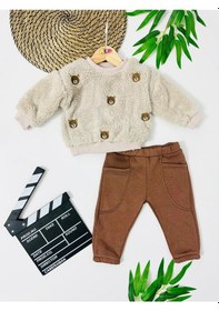 Resim Alpbebe Bear Kafalar Nakışlı Omuzdan Çıtçıtlı Pantolonda Cep Detaylı Welsoft 2 Parça Takım Koyu Kahverengi 