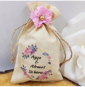 Resim Pembe Çiçekli Süslü Kişiye Özel Baskılı Keten Kese Bebek(30 Adet) 