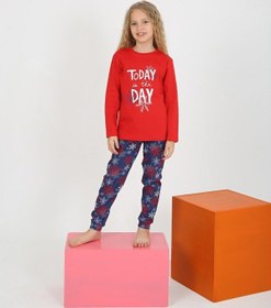 Resim Kız Çocuk Uzun Kollu %100 Pamuklu Pijama Takımı Today Kırmızı 