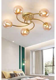 Resim Luxury Model Plafonyer Beşli Gold Modern Bal Camlı Avize 