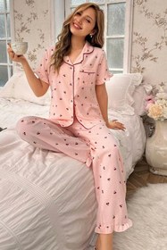 Resim Kiraz Desenli Düğmeli Bebe Yaka Pijama Takımı 7035 - Pembe / XL 