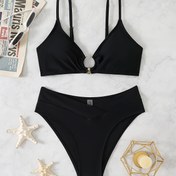 Resim Kadınların Siyah Bikini Seti Altın Detaylarla - Yüksek Esneklikli Kumaş, Düz Renk, Halka Detay, Yüksek Kesim Külot, Rahat Tarz, Plaj Giyim|Minimalist Tasarım|Esnek Kumaş 