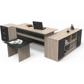 Resim L'occi Concept Diego Abcf Ofis Masa Sehpa Keson Kitaplık Dolap 4'lü Büro Masa Takımı Meşe-Siyah 
