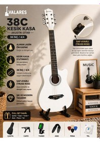 Resim Valares 38c Kesik Kasa Beyaz Akustik Gitar 38 İnç 4/4 Yetişkin Üst Segment Çanta Capo Askı Pena 