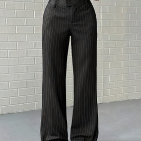 Resim Kadınlar İçin Çizgili Yan Yarık ve Düzensiz Ön Kapanışlı Pantolon - Sonbahar/Kış için Modaya Uygun Geniş Paça Günlük Giysi 