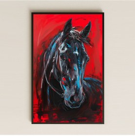 Resim Kırmızı Zeminli Soyut Siyah At Dijital Sanat Pleksi Tablo 