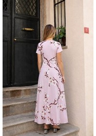 Resim Efnaz Style Kadın Kısa Kollu Bisiklet Yaka Puantiyeli Maksi Örme Krep Elbise Desenli 