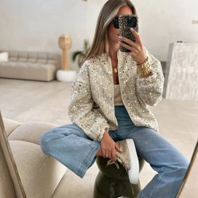 Resim Kadınlar İçin Şık Tüvit Pullu Ceket - Dik Yaka Uzun Kollu Fermuarlı H-Siluet Mont, Sonbahar/Kış Partileri ve Geziler için Makinede Yıkanabilir 