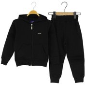 Resim Kapüşonlu Armalı Diz Detaylı İki İplik Eşofman Takım Siyah 