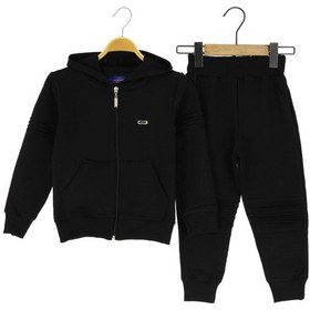 Resim Kapüşonlu Armalı Diz Detaylı İki İplik Eşofman Takım Siyah 