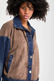 Resim Kadın Kahve Kot Rengi Süet Denim Parçalı Özel Tasarım Denim Ceket - Kahve / XS 