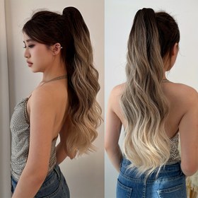 Resim 55.88-60.96 cm uzunluğunda, Altın rengi Uzun Su Dalgası Bukle ile Sarılıp Klipslenen, Kadınların Günlük Kullanımı için Mükemmel Siyah Ve Kahverengi At Kuyruğu Ek Parçası. 