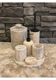 Resim Yeni Silver Gümüş Traverten 7'li Banyo Seti Çöp Kovası Kendinden Tutmalı Kulp Beyaz 