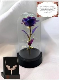 Resim Lapidaria Fanus Içerisinde Dekoratif Peri Led Işıklı Mor Solmayan Sonsuzluk Gülü Lamba Ve Melek Kolye 
