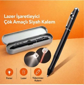 Resim Metal Kutulu Kırmızı Lazerli, Beyaz Led Işıklı Pointer İşaretçi Kalemi Metal Tükenmez Kalem Siyah 