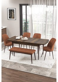 Resim Canisa Zen Serisi 80x132 Mdf Açılabilir Barok Ahşap Desen Masa Takımı 4 Kiremit Sandalye Ve 1 Bench Masa Barok Sandalye Ve Bench Kiremit 