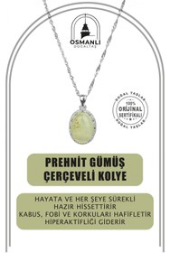 Resim OSMANLI DOĞAL TAŞ Prehnit Doğal Taş Gümüş Çerçeveli Kolye 
