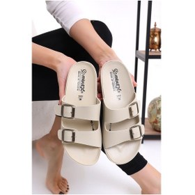 Resim Mlx 10651 Çift Toka Kadın Terlik Comfort Anatomik Kadın Ev Dışarı Terliği Bej 