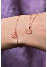Resim Papatya Silver 925 Ayar Gümüş Rose Kaplama Lotus Çiçeği Kolye ve Bileklik Set 