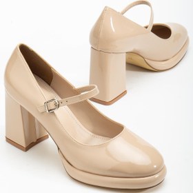 Resim Dilimler Ayakkabı Kadın Kalın Platform Topuklu Ayakkabı Ten Rugan Baretli 