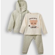 Resim Defacto Kız Bebek 3lü Takım Kapüşonlu Çıtçıtlı Hırka Baskılı Uzun Kollu Tişört Alt F4629a525aukh494 Haki 
