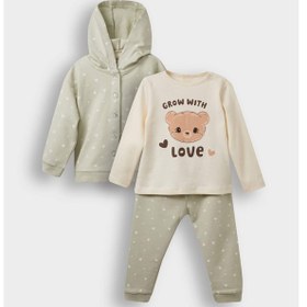 Resim Defacto Kız Bebek 3lü Takım Kapüşonlu Çıtçıtlı Hırka Baskılı Uzun Kollu Tişört Alt F4629a525aukh494 Haki 