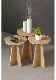 Resim Reyo Falez Zigon Sehpa Dekoratif 3'lü Çok Amaçlı Yan Sehpa Çiçek Formlu Çam Çam 