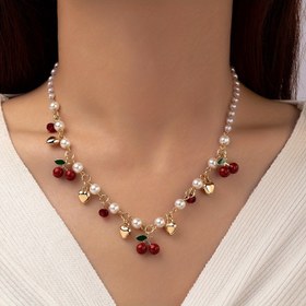 Resim 1 Strand Lady's Cherry Beads Golden Heart Shape Charms Design Kolye, Zarif Kişilik Çok Yönlü Parti Banket Günlük Giyim Takı 