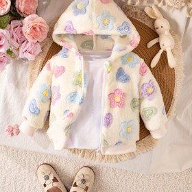 Resim Bebek Kızlar Çiçek Desenli Kapüşonlu Ceket - Fermuarlı 100% Polyester Uzun Kollu Ceket, Yumuşak Peluş Örgü Kumaş, Sonbahar/Kış Dış Mekan Oyunları İçin Düzenli Kesim, Kayak Uyumluluklı, Kalın 