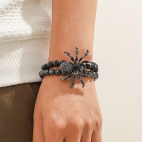 Resim 1 adet Gotik Cool Dark Spider İşlemeli Taşlı Çift Katlı Boncuklu Erkek Bilekliği 