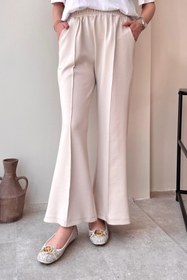 Resim Tesettür Diyarı Kadın Çimalı Beli Lastikli Cepli Scuba Kumaş Tesettür Pantolon- Bej 