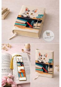 Resim Kitap Kılıfı Ve Metal Kitap Ayracı Seti Kütüphanedeki Kedi 