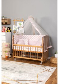 Resim Ahşap Beşik Anne Yanı Beşik Doğal Vernikli 60x120 - Pembe Balina Uyku Seti Yatak Tekerlekli Ahşap 