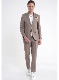 Resim Efor Slim Fit Mono Yaka %97 Tencel Kumaş Çift Yırtmaç Esnek Bej Takım Elbise Tk 941 