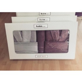 Resim Camellia Happy Bornoz Seti 5 Parça Set Gri Mürdüm Mürdüm 